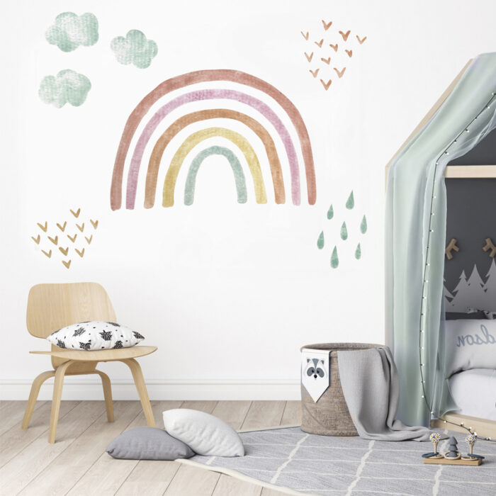 Vinyl boho rainbow with clouds and droplets in watercolor